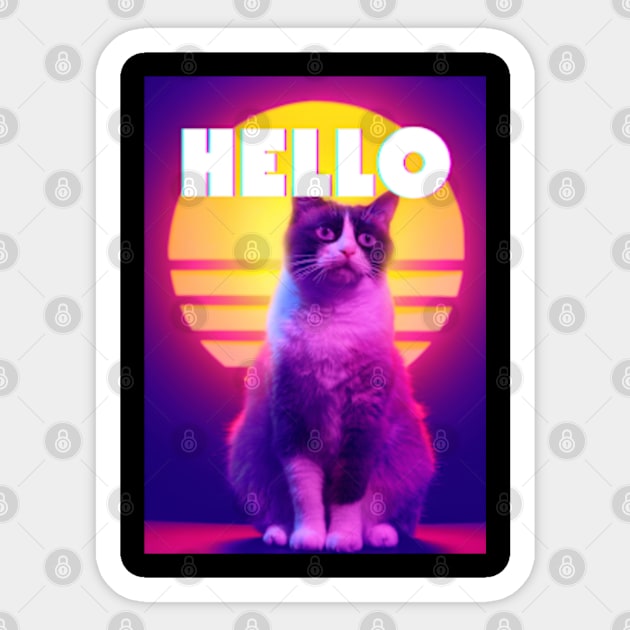 Hello Synthwave Retro Cat Sticker by 80snerd